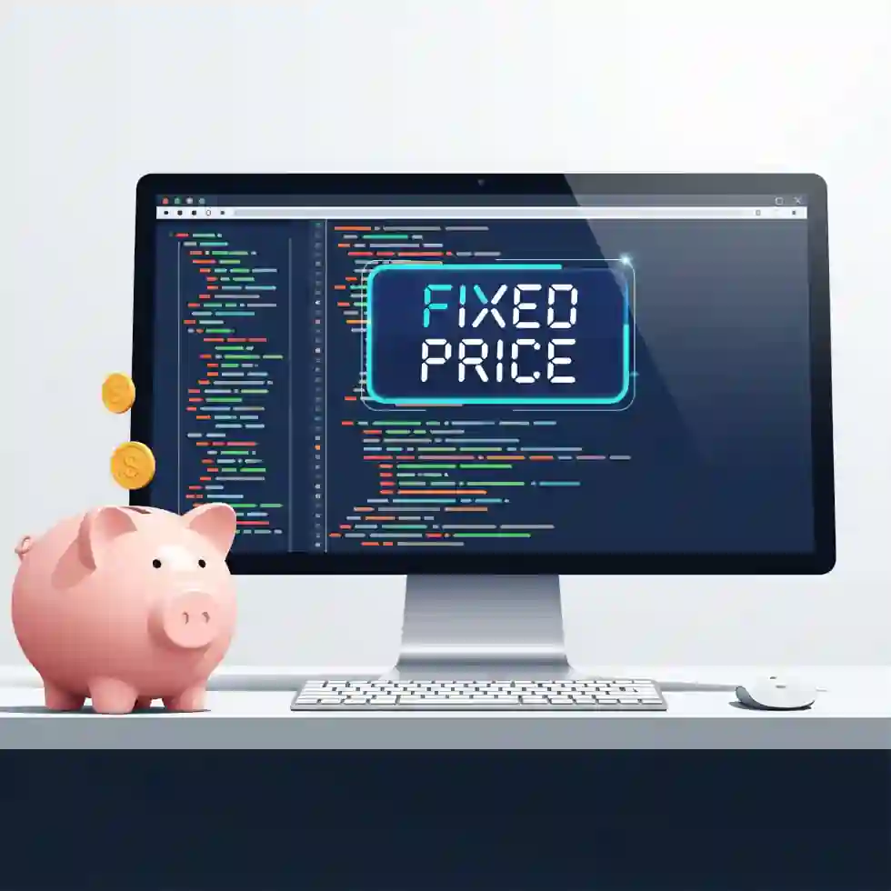 Kasička před monitorem programátora s nápisem fixed price